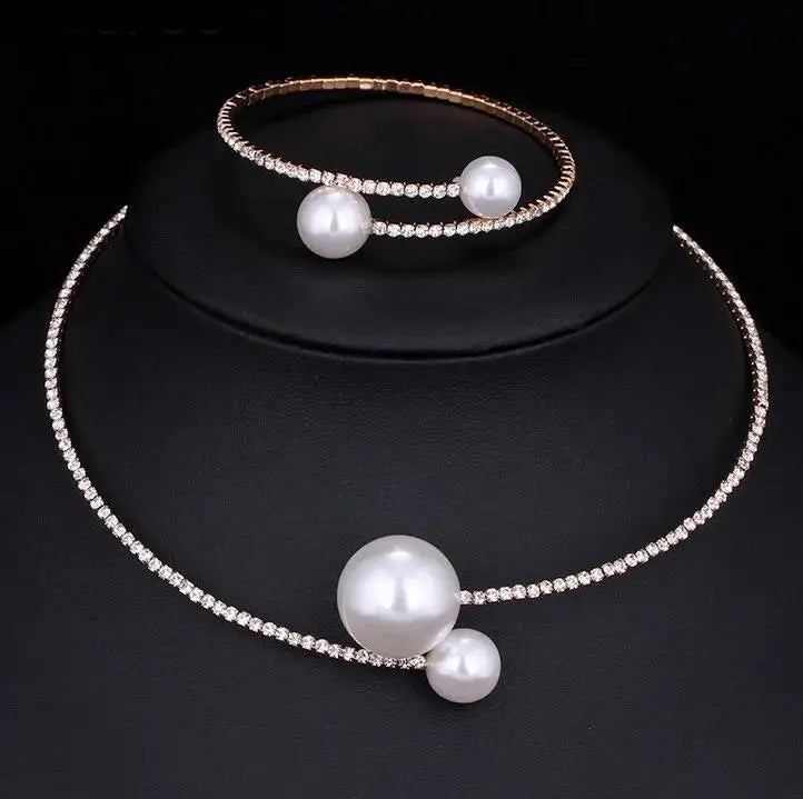 💎 Conjunto de Joyería Nupcial con Perlas para Mujer Collar, Pulsera y Aretes en Color Plateado | Elegancia para Bodas y Eventos