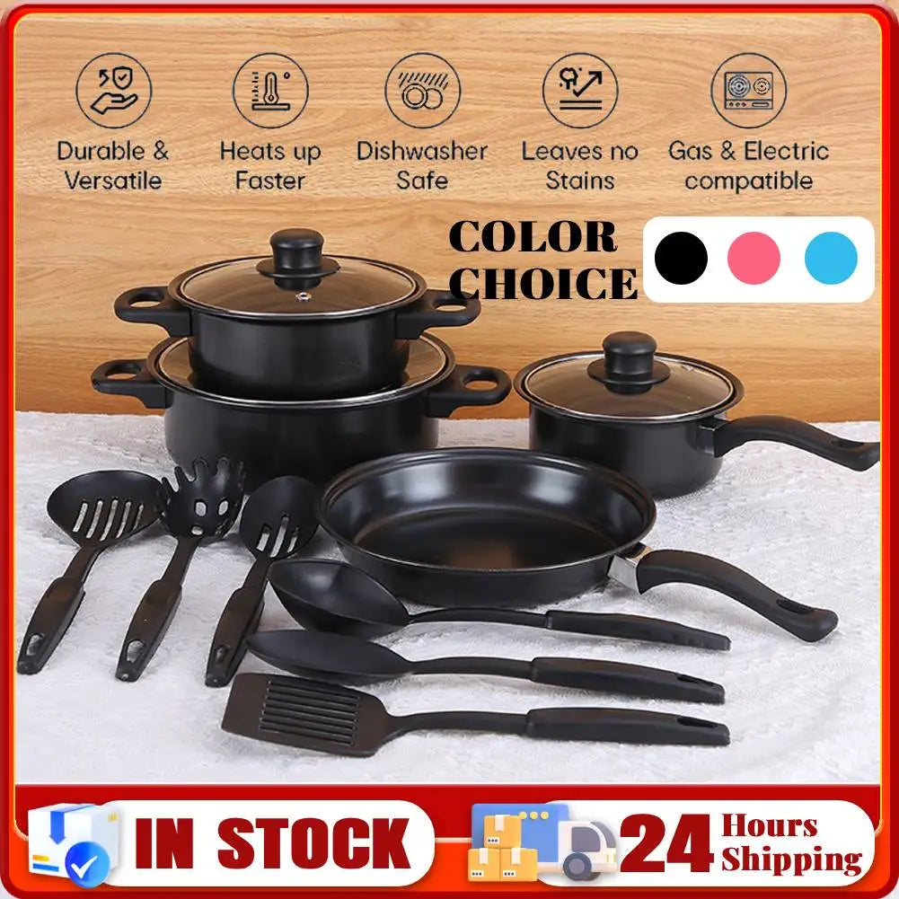 Juego de Utensilios de Cocina Antiadherentes de 12 Piezas, Olla con Tapa, Olla para Leche, Sartén Profunda de Piedra Maifan, Juego de Ollas para Todo Tipo de Cocina