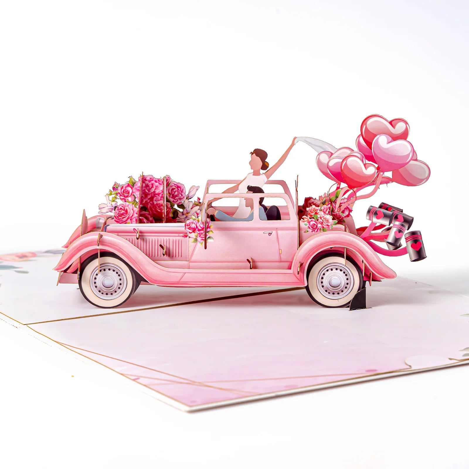 Tarjeta emergente de pareja de flores con globos de coche de boda de San Valentín, tarjeta de felicitación 3D romántica para parejas