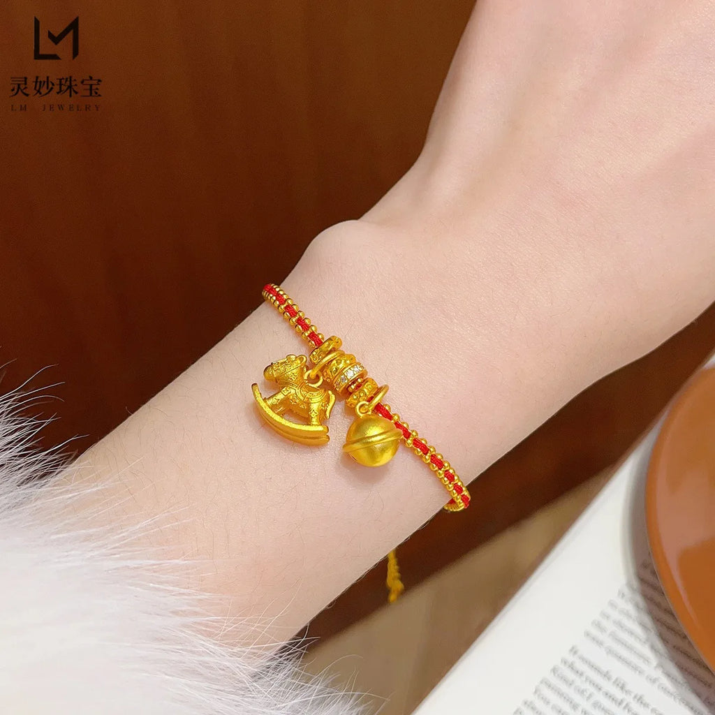 ✨ Pulsera Jiggly Horse Bell en Oro 24K AU999 para Mujer Campana Dorada de Alto Pulido | Brillo Elegante para Uso Diario