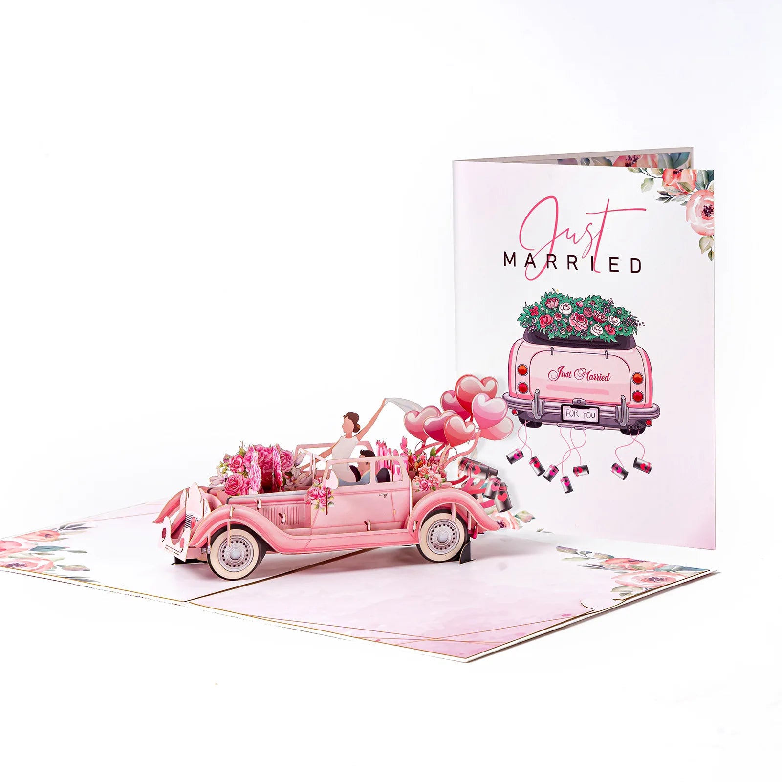 Tarjeta emergente de pareja de flores con globos de coche de boda de San Valentín, tarjeta de felicitación 3D romántica para parejas