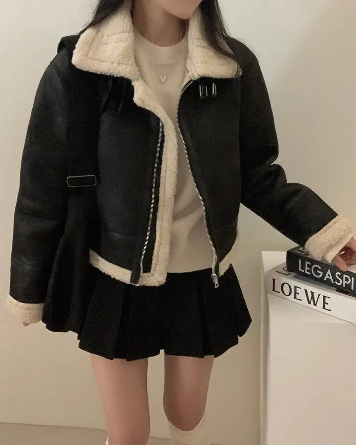 Chaqueta de Motocicta de Gamuza Retro Chic para Mujer, Estilo Casual y Moderno, Top de Manga Larga de Aodón para Mujeres...