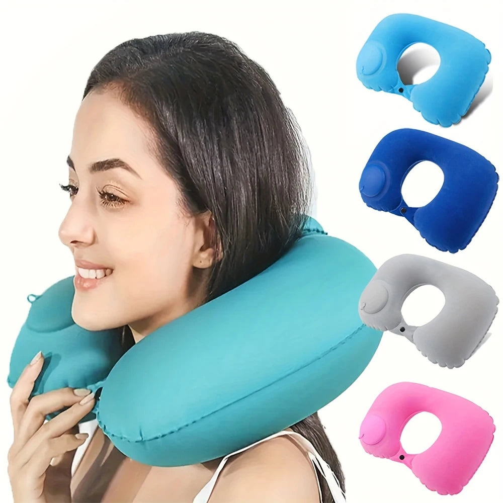 Almohada inflable flocada para el cuello, portátil, que se puede almacenar y llenar, adecuada para viajes al aire libre, viajes de negocios, camping