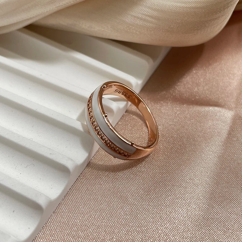 💍 Anillo SYOUJYO de Oro Rosa 585 con Circón Natural Esmalte Blanco, Pavé Completo y Brillo Elegante | Joyería Fina para Uso Diario
