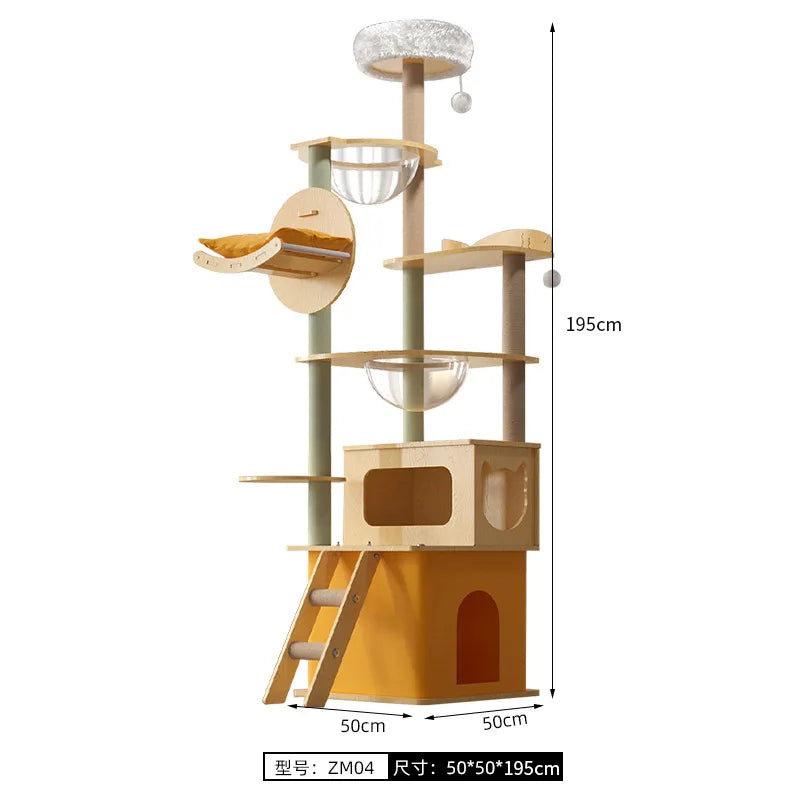 Árbol rascador para gatos, estructura grande de madera integrada con casa y columna rascadora, no ocupa mucho espacio.
