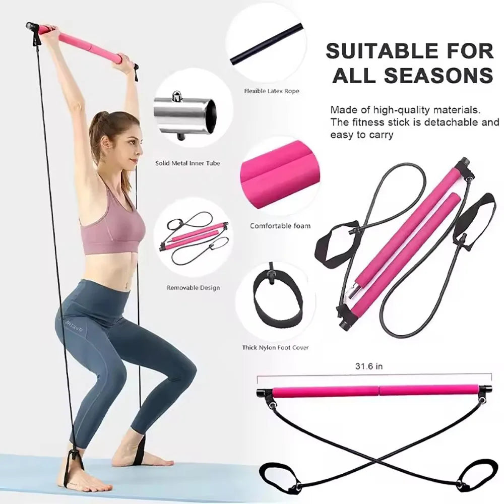 Barra de Pilates, Barra de Ejercicio Ajustable para Entrenamiento en Casa, Yoga, Estiramiento y Tonificación, Barra de Ejercicio Portátil con Bandas Elásticas