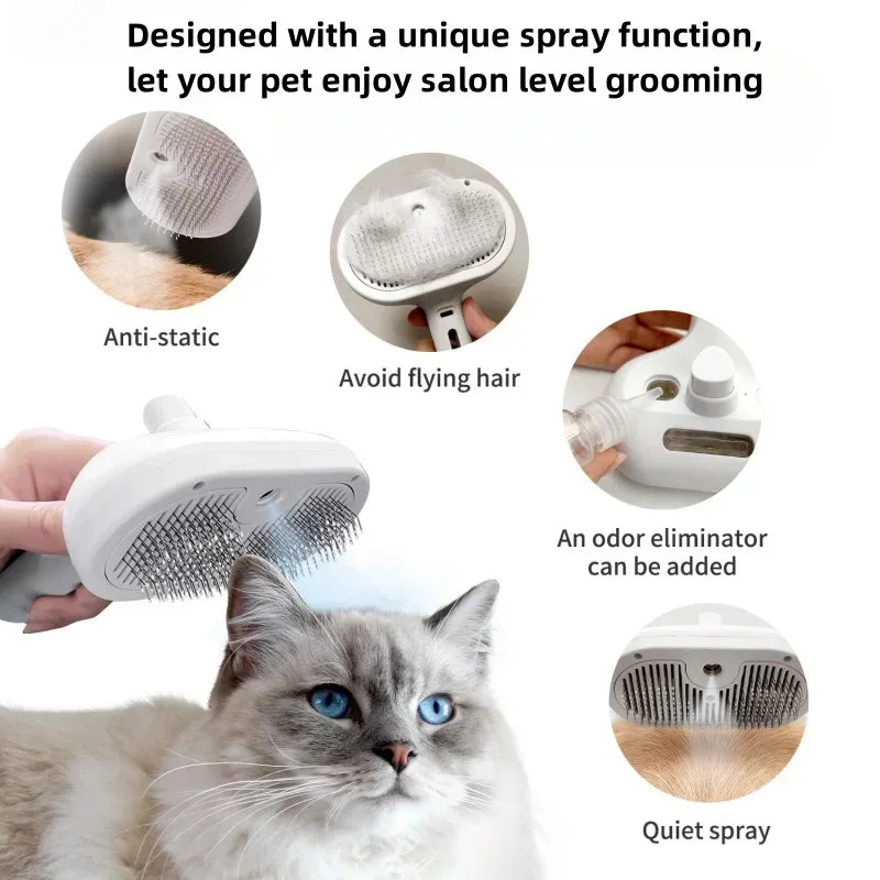 Peine Eléctrico de Vapor para Mascotas | Cepillo Profesional Antiestático y Removedor de Pelo para Perros y Gatos