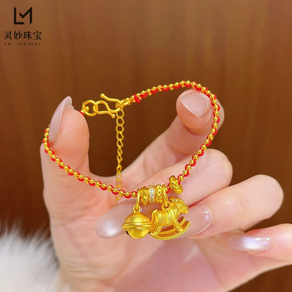 ✨ Pulsera Jiggly Horse Bell en Oro 24K AU999 para Mujer Campana Dorada de Alto Pulido | Brillo Elegante para Uso Diario