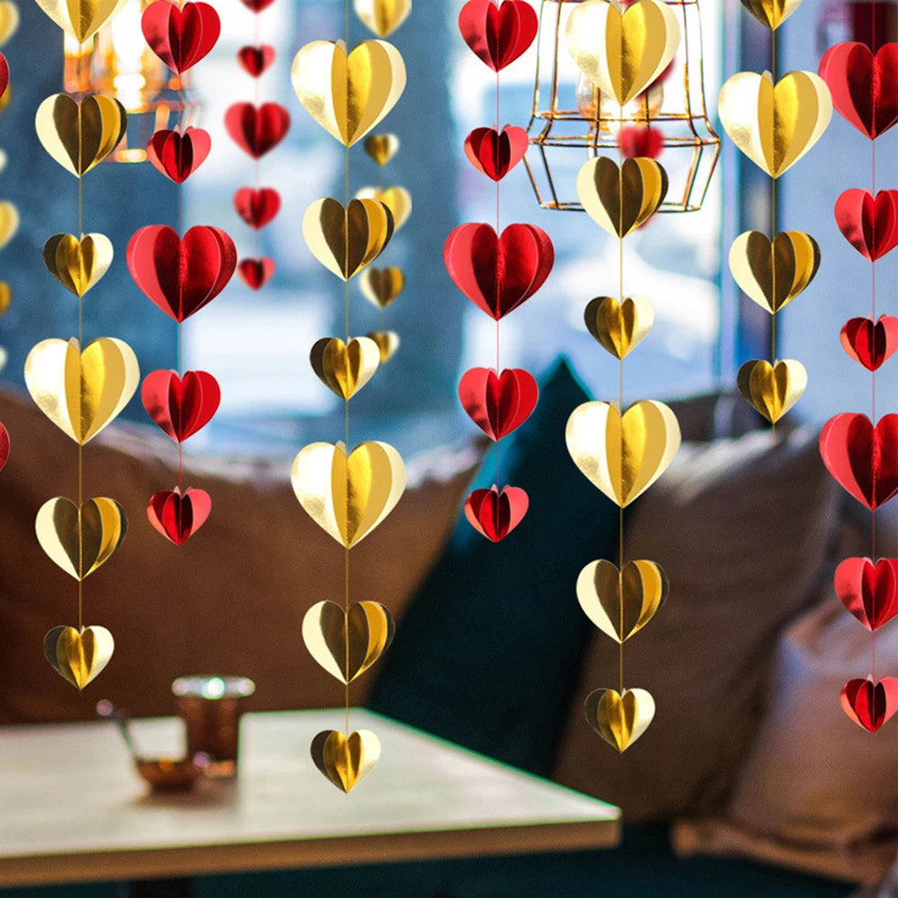 Guirnalda de corazón rojo 3D, decoración del Día de San Valentín, guirnalda colgante de corazón de amor de oro rojo, suministros para fiesta de cumpleaños, aniversario de boda