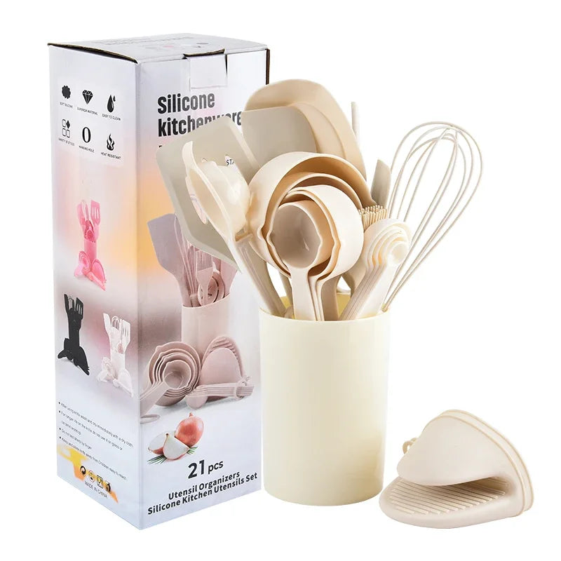 Utensilios de cocina de silicona integrados para hornear, juego de 21 piezas, sartén antiadherente resistente a altas temperaturas, espátula, cepillo de aceite, batidor de huevos para freír