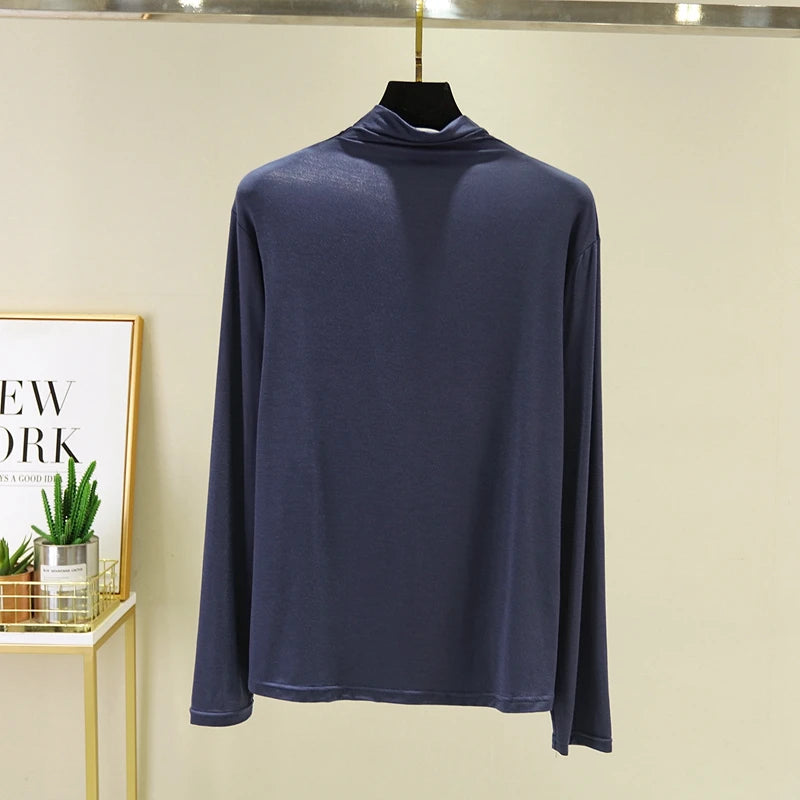 Cseta Básica de Manga Larga para Mujer, Cuello Medio Alto, Corte Ajustado, Estilo Versátil para Primavera y Otoño, Talla G...