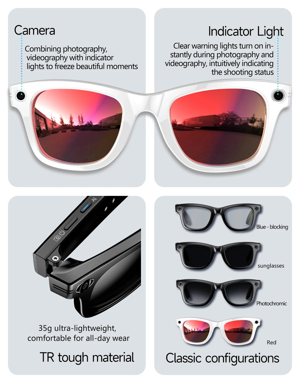 Gafas Inteligentes AI con Cámara 800W - Lentes Fotocromáticos, Traducción y Llamadas Bluetooth