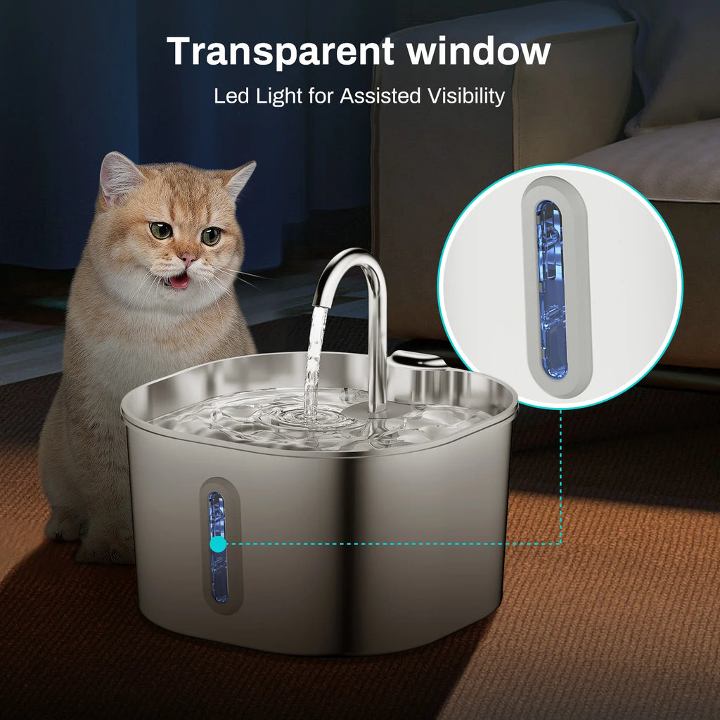 Fuente de Agua Automática para Gatos 2.2L de Acero Inoxidable con Ventana de Nivel