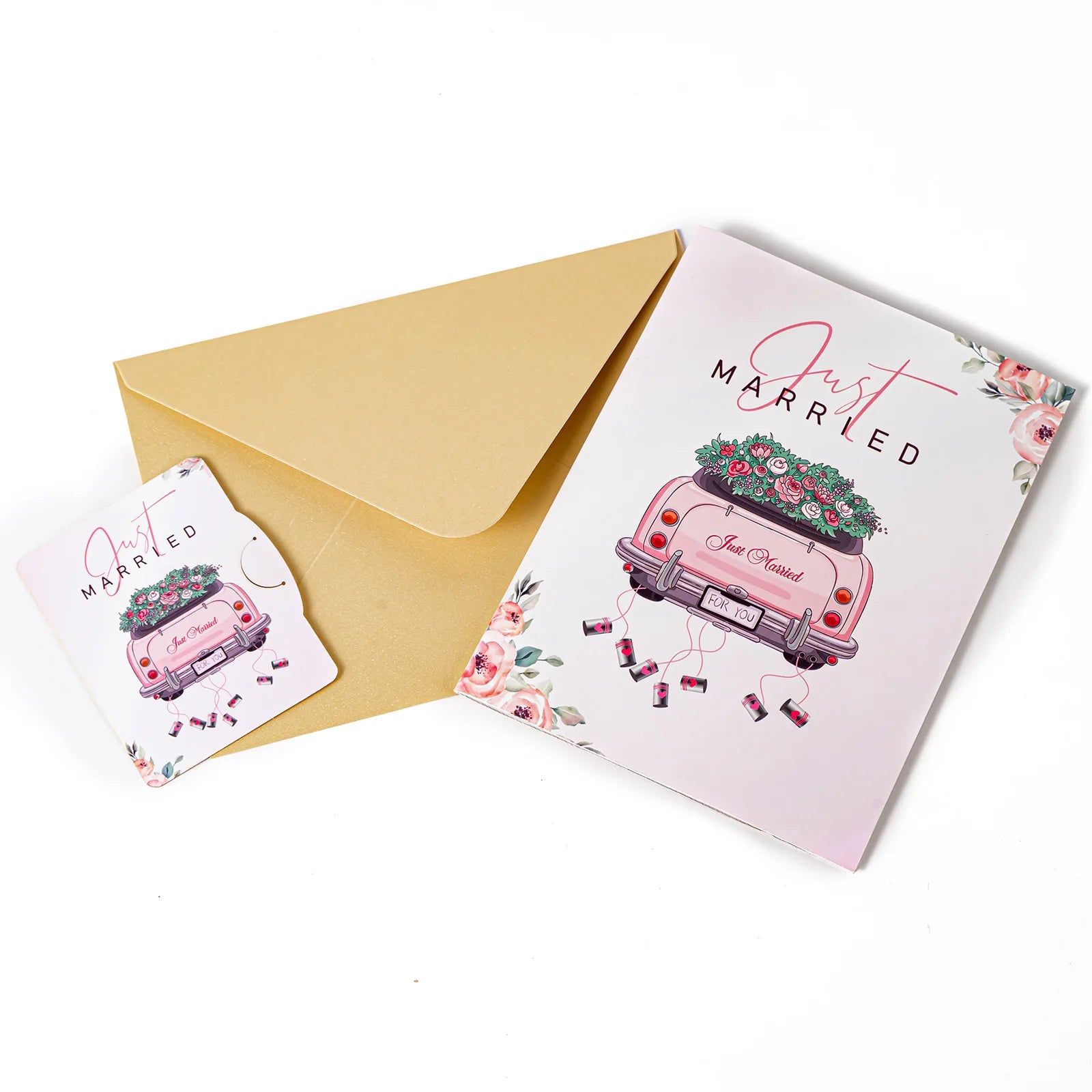 Tarjeta emergente de pareja de flores con globos de coche de boda de San Valentín, tarjeta de felicitación 3D romántica para parejas