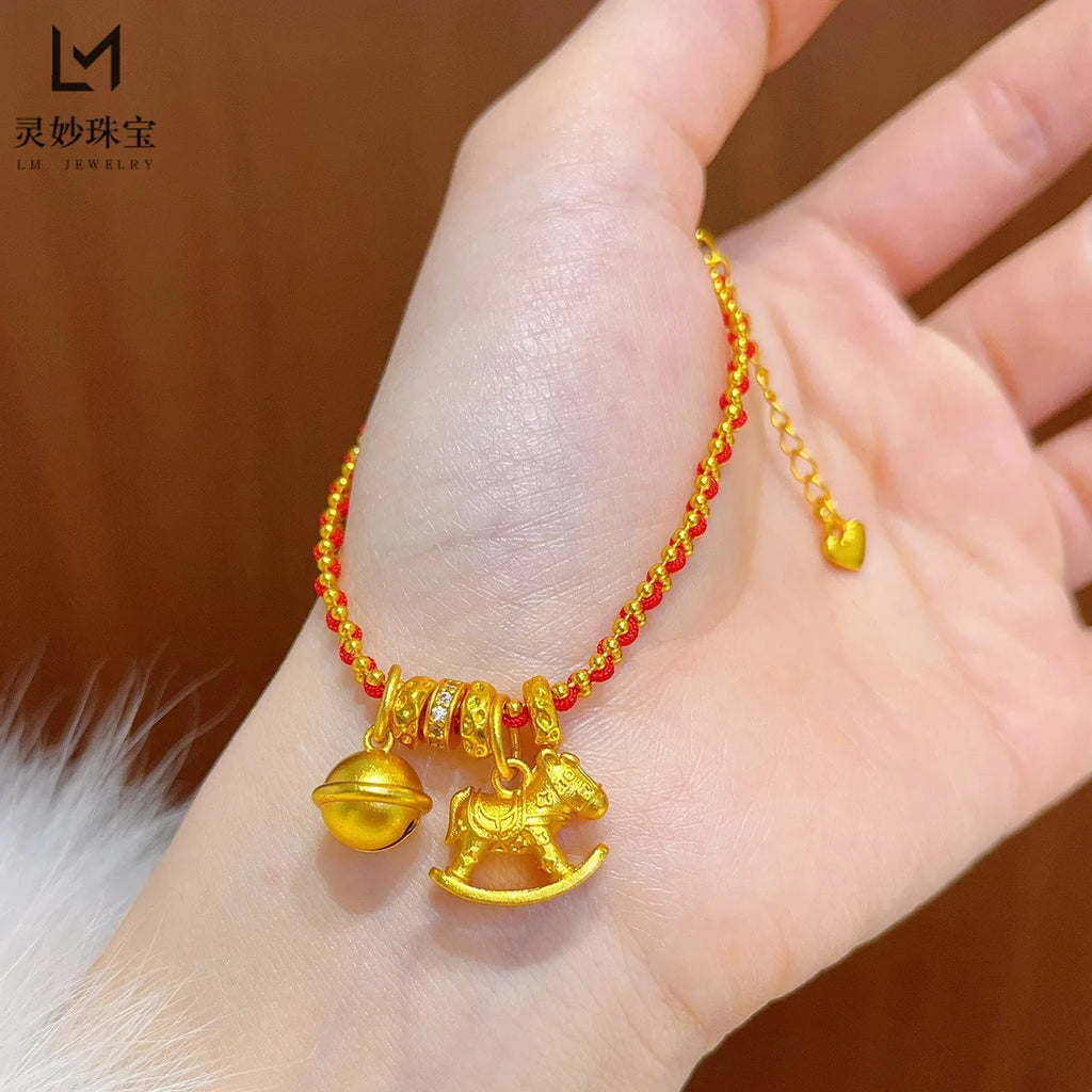 ✨ Pulsera Jiggly Horse Bell en Oro 24K AU999 para Mujer Campana Dorada de Alto Pulido | Brillo Elegante para Uso Diario