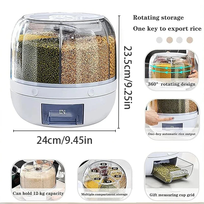 360 °   Dispensador de granos giratorio de 6 rejillas, contenedor de almacenamiento con salida de un solo toque para sellado de granos de arroz y organizador a prueba de humedad