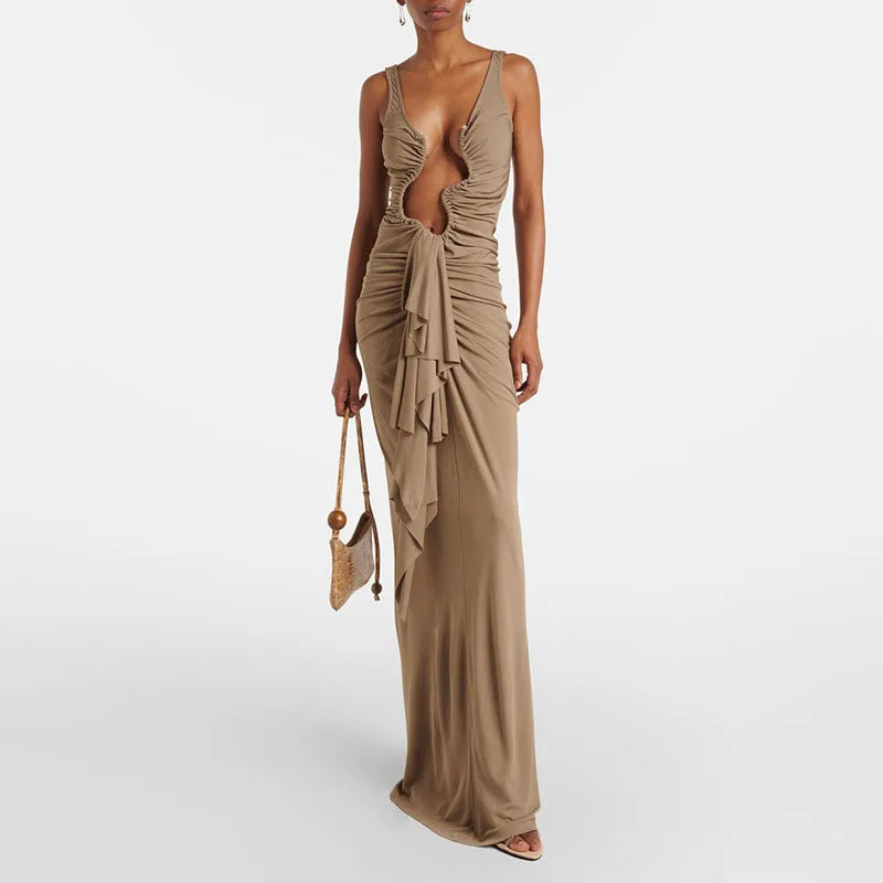 Ropa de mujer de moda 2025 primavera Sexy cuello en V profundo volante hueco vestido largo ajustado correas de verano espalda descubierta Zip vestidos de fiesta elegantes