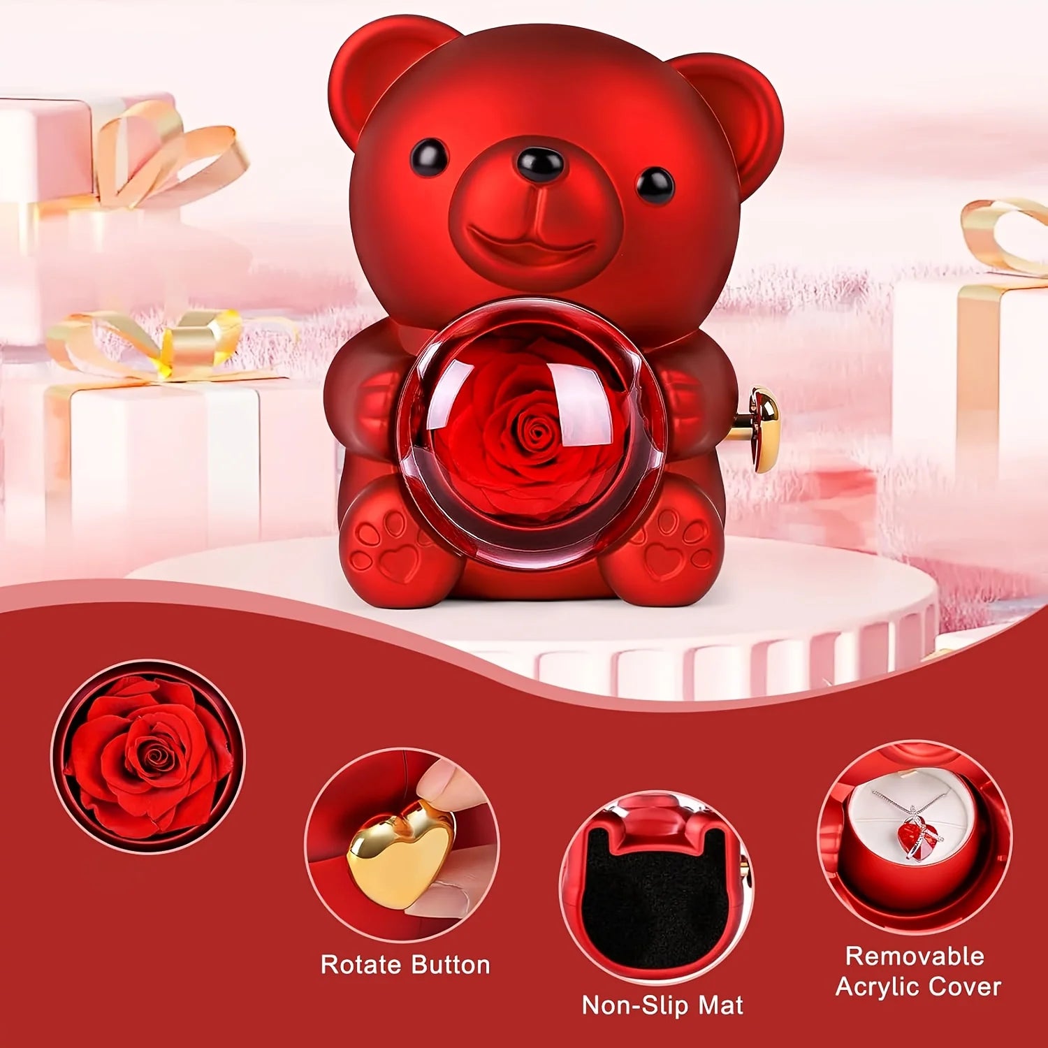 Caja de Regalo con Oso de Peluche y Rosas |   Joyero con Espacio Oculto para Anillo o Pendientes, Incluye Rosa Artificial, Regalo de San Valentín
