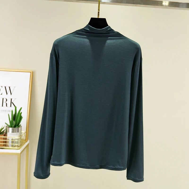 Cseta Básica de Manga Larga para Mujer, Cuello Medio Alto, Corte Ajustado, Estilo Versátil para Primavera y Otoño, Talla G...