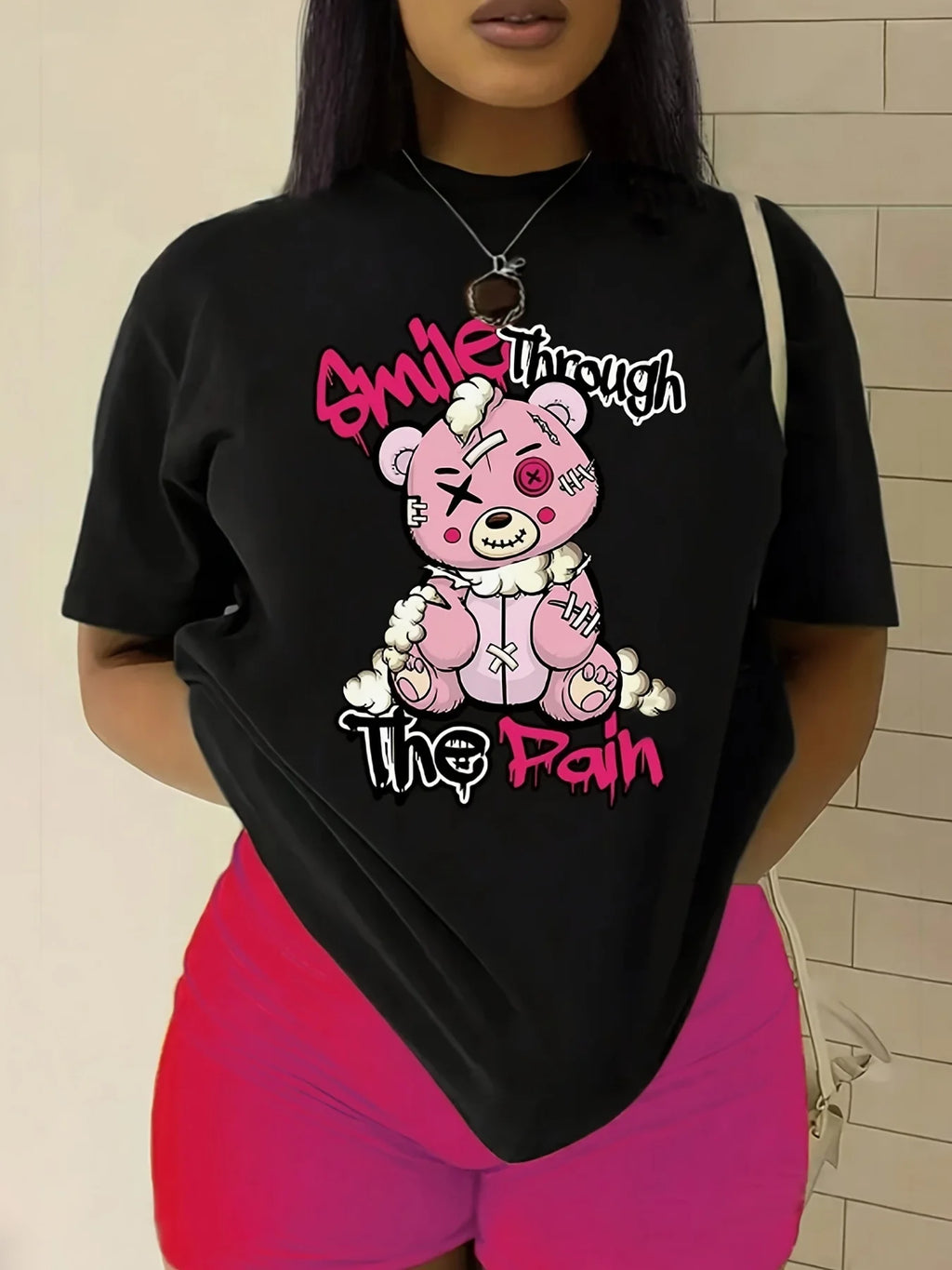 Camiseta para mujer con estampado de osito de peluche, suave, cuello redondo, manga corta, informal, elegante, perfecta para la moda de primavera y verano