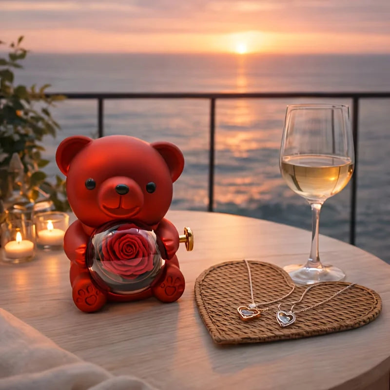 Caja de Regalo con Oso de Peluche y Rosas |   Joyero con Espacio Oculto para Anillo o Pendientes, Incluye Rosa Artificial, Regalo de San Valentín