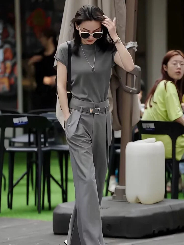 Top de manga corta de color puro para mujer, plones de pierna ancha, ropa e a la moda, cseta de otro material, ...