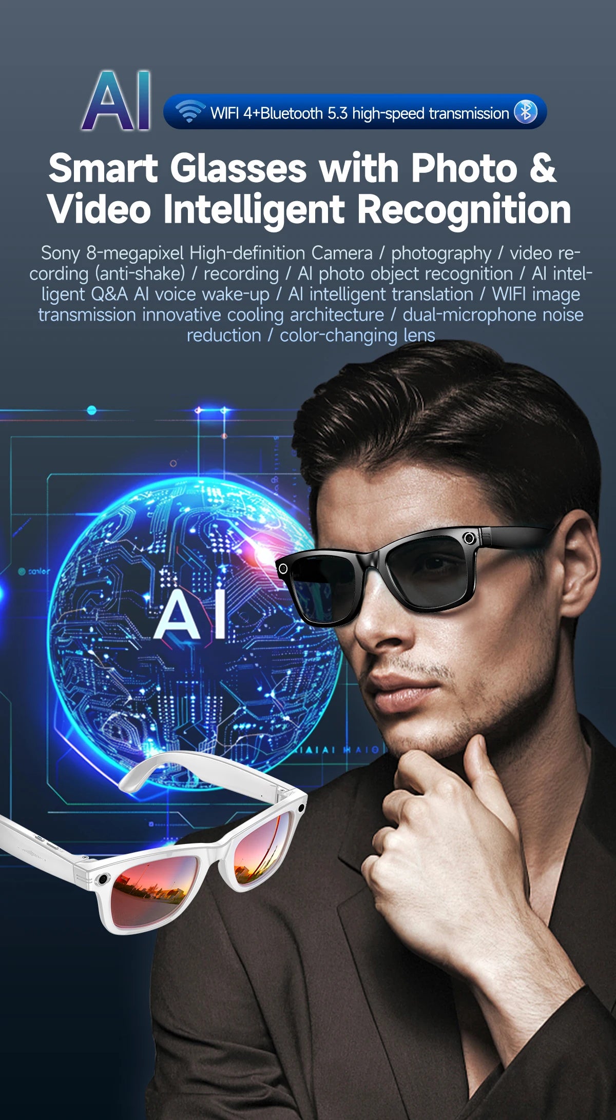 Gafas Inteligentes AI con Cámara 800W - Lentes Fotocromáticos, Traducción y Llamadas Bluetooth