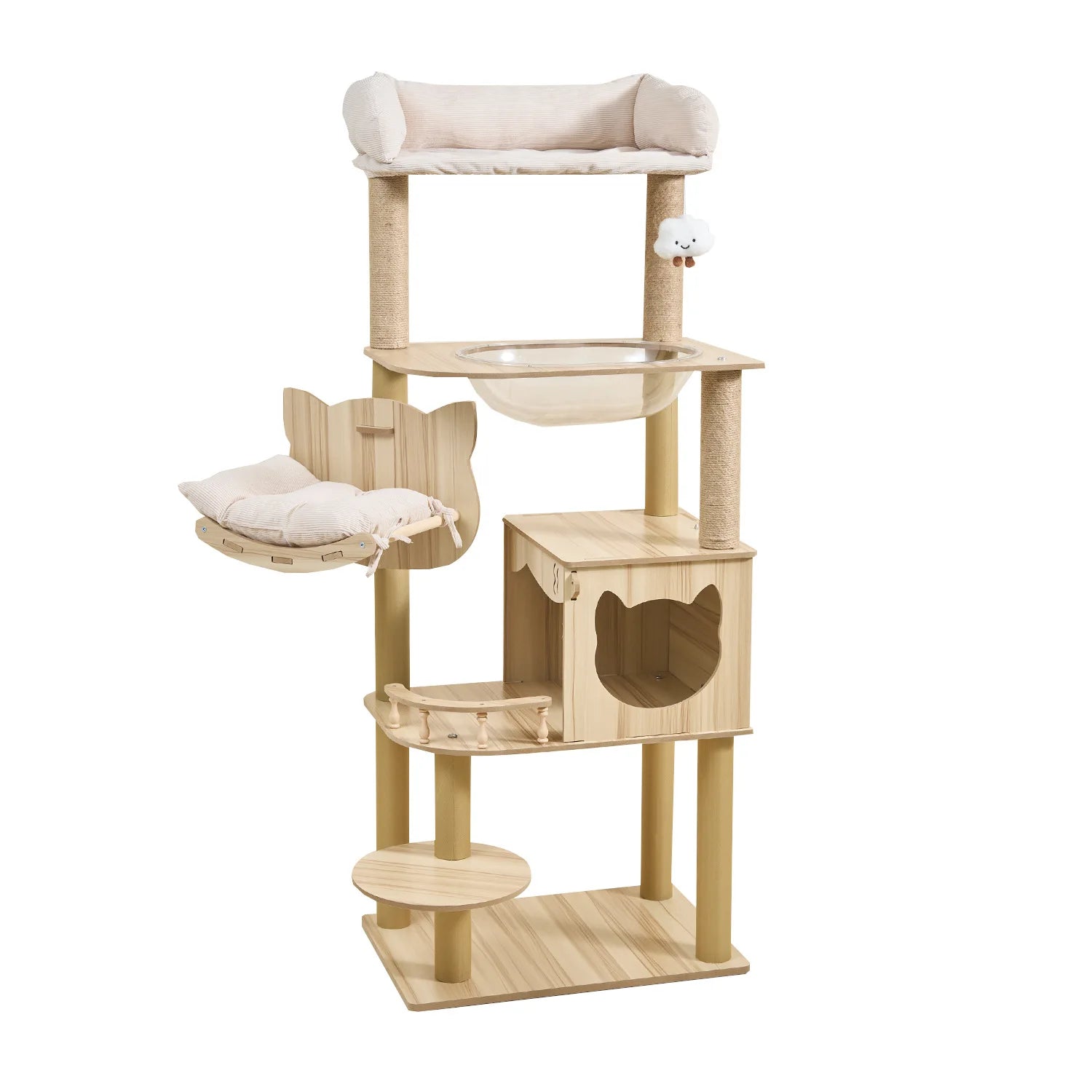 Árbol rascador para gatos, estructura grande de madera integrada con casa y columna rascadora, no ocupa mucho espacio.