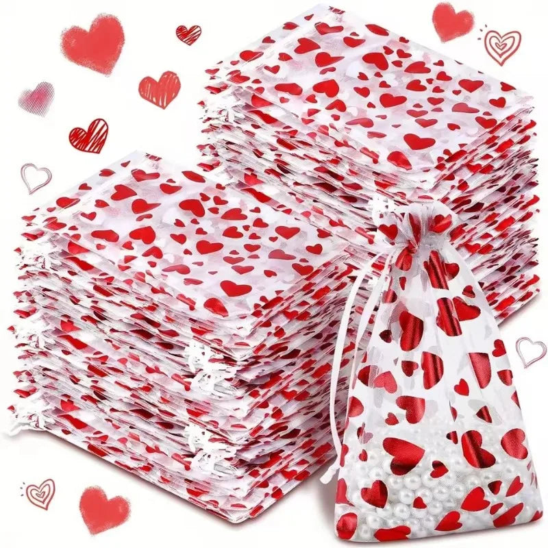 Bolsas de Organza para el Día de San Valentín, Bolsa de Organza con Cordón de Corazón, Bolsa de Regalo para Dulces, Joyas, Boda, Fiesta, Embalaje de Regalos
