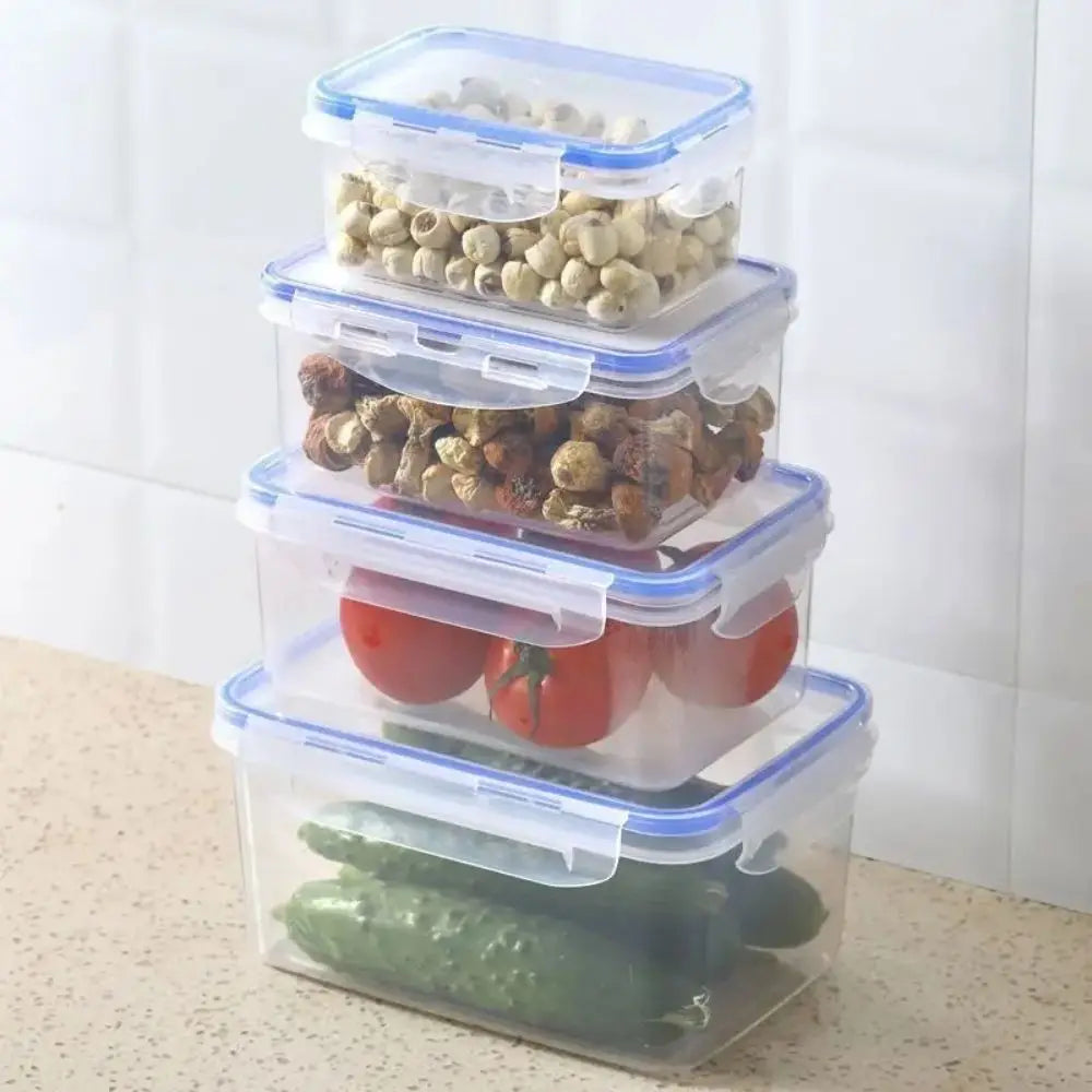 Caja de almacenamiento de plástico segura para refrigerador con tapa, recipientes y tarros de alimentos rectangulares sellados, apilables, trasparent, 1/4 Uds.