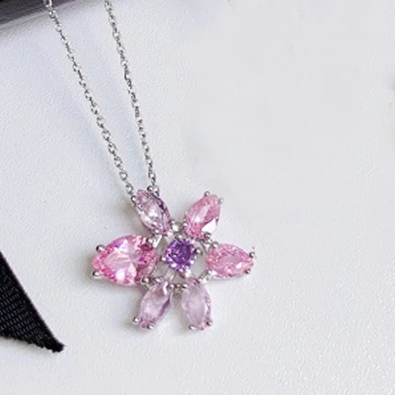 Dijes de moda, conjuntos de joyería fina, dijes de lujo, flores de cristal rosa, collar, pendientes, pulsera, accesorios de fiesta para mujer