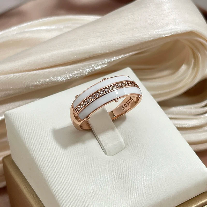 💍 Anillo SYOUJYO de Oro Rosa 585 con Circón Natural Esmalte Blanco, Pavé Completo y Brillo Elegante | Joyería Fina para Uso Diario