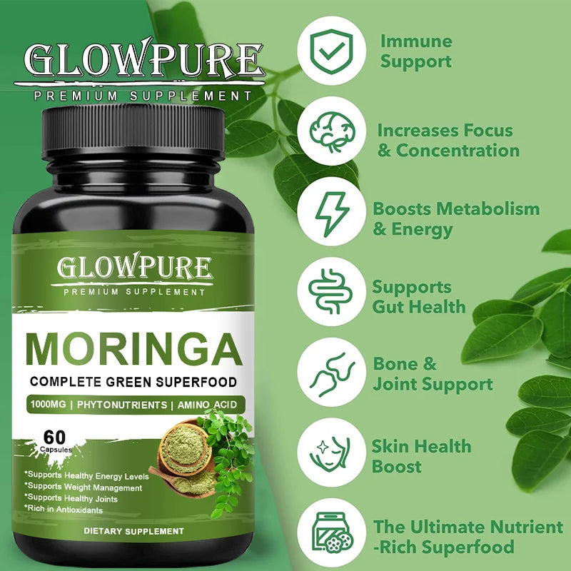 Cápsulas Pure Moringa: superalimento para energía, piel, salud inmune y intestinal con antioxidantes, vitaminas y aminoácidos