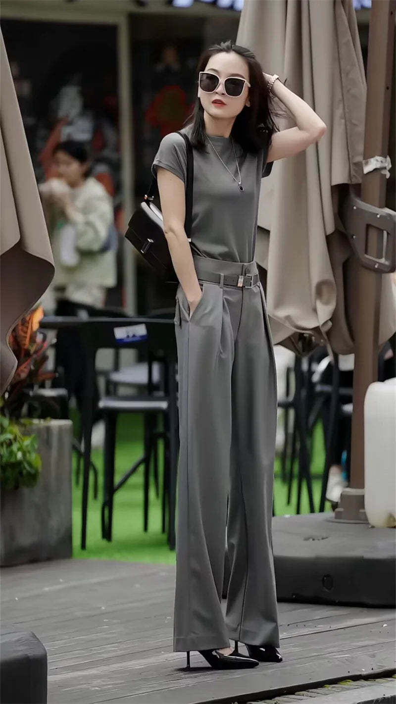 Top de manga corta de color puro para mujer, plones de pierna ancha, ropa e a la moda, cseta de otro material, ...