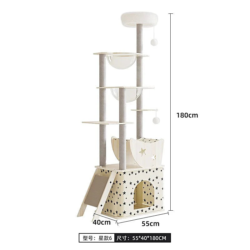 Árbol rascador para gatos, estructura grande de madera integrada con casa y columna rascadora, no ocupa mucho espacio.