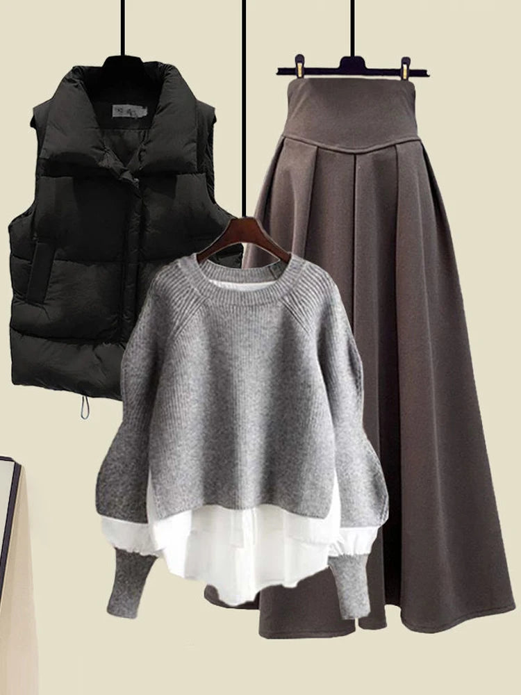 Conjunto de Moda Otoñal para Mujer: Diseño Exclusivo y Moderno, Ceco con Efecto de Dos Piezas y Falda ter, Conjunto de ...