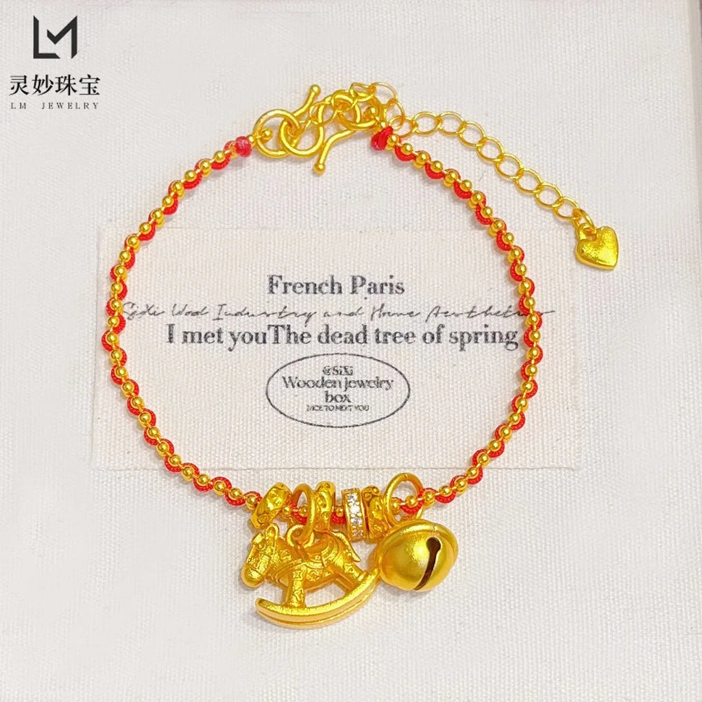✨ Pulsera Jiggly Horse Bell en Oro 24K AU999 para Mujer Campana Dorada de Alto Pulido | Brillo Elegante para Uso Diario