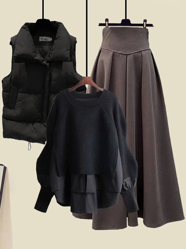 Conjunto de Moda Otoñal para Mujer: Diseño Exclusivo y Moderno, Ceco con Efecto de Dos Piezas y Falda ter, Conjunto de ...