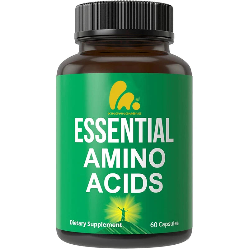 9 suplementos esenciales de aminoácidos. Cápsulas que continen tres veces la cantidad de leucina.