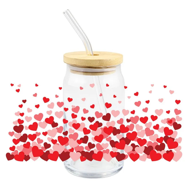 Diseño del Día de San Valentín UV DTF pegatina de transferencia 3D envuelve taza duradera impermeable amor para 16 OZ Libbey taza de vidrio calcomanías