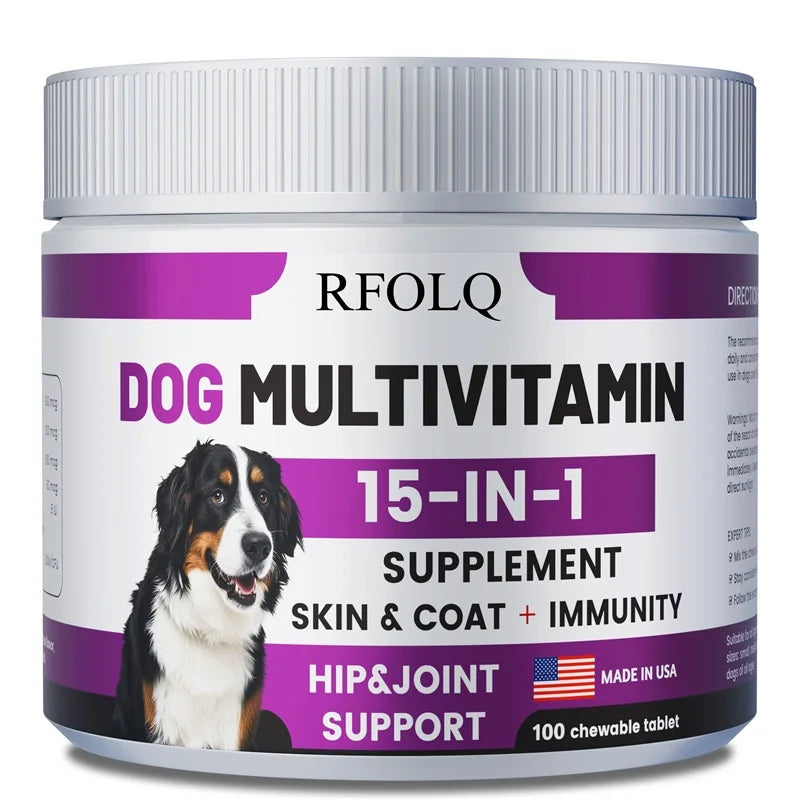 Multivitamina 15 en 1 para Perros – Soporte para Articulaciones, Piel, Digestión e Inmunidad (100 Tabletas Masticables)