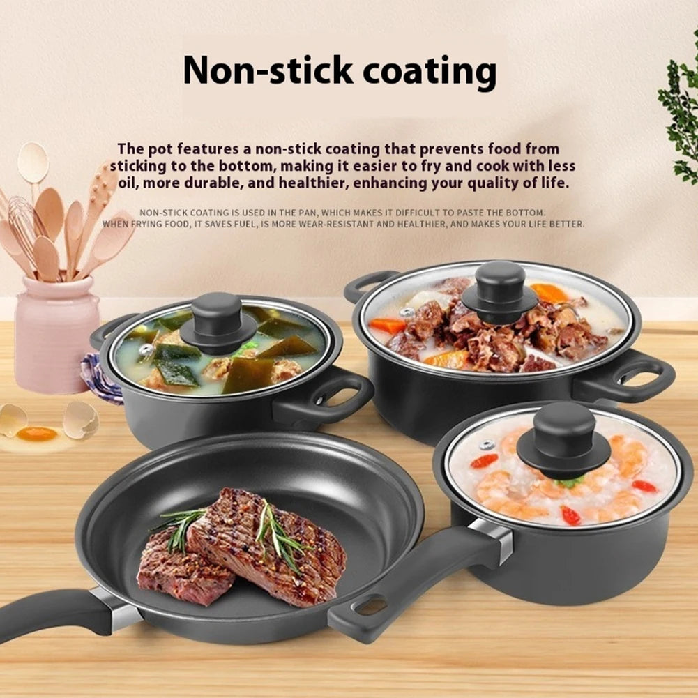 Juego de Utensilios de Cocina Antiadherentes de 12 Piezas, Olla con Tapa, Olla para Leche, Sartén Profunda de Piedra Maifan, Juego de Ollas para Todo Tipo de Cocina