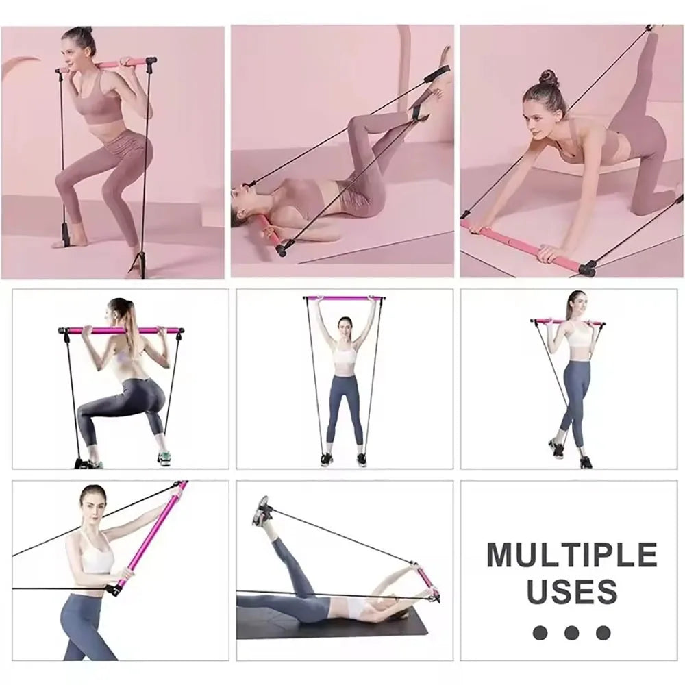 Barra de Pilates, Barra de Ejercicio Ajustable para Entrenamiento en Casa, Yoga, Estiramiento y Tonificación, Barra de Ejercicio Portátil con Bandas Elásticas