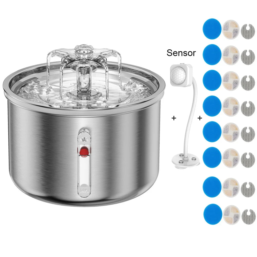 Fuente de Agua Automática de Acero Inoxidable para Gatos 2L – Bebedero con Sensor Inteligente y Alimentación USB