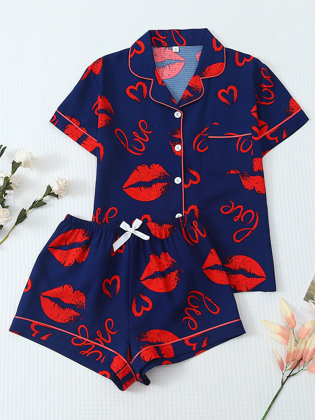 [San Valentín] Conjunto de pijama de 2 piezas con estampado de labios, pantalones cortos de manga corta, pijamas de mujer, conjunto de ropa de descanso adecuado para uso doméstico