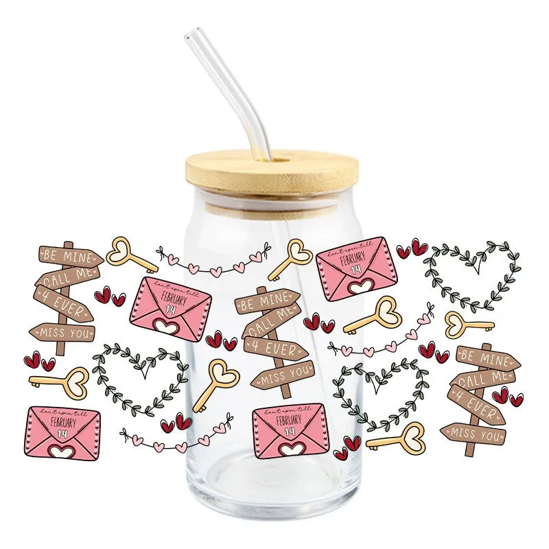 Diseño del Día de San Valentín UV DTF pegatina de transferencia 3D envuelve taza duradera impermeable amor para 16 OZ Libbey taza de vidrio calcomanías
