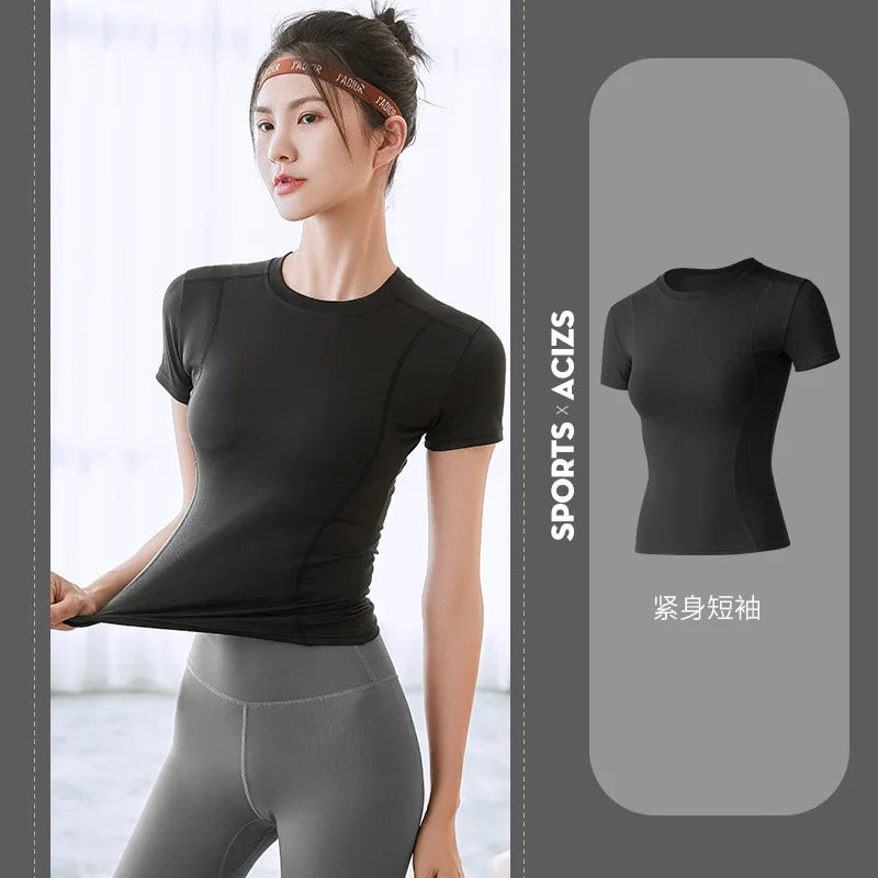 Camiseta deportiva para mujer, camisa de manga corta con cuello en V, Color sólido, absorbe la humedad, Top deportivo