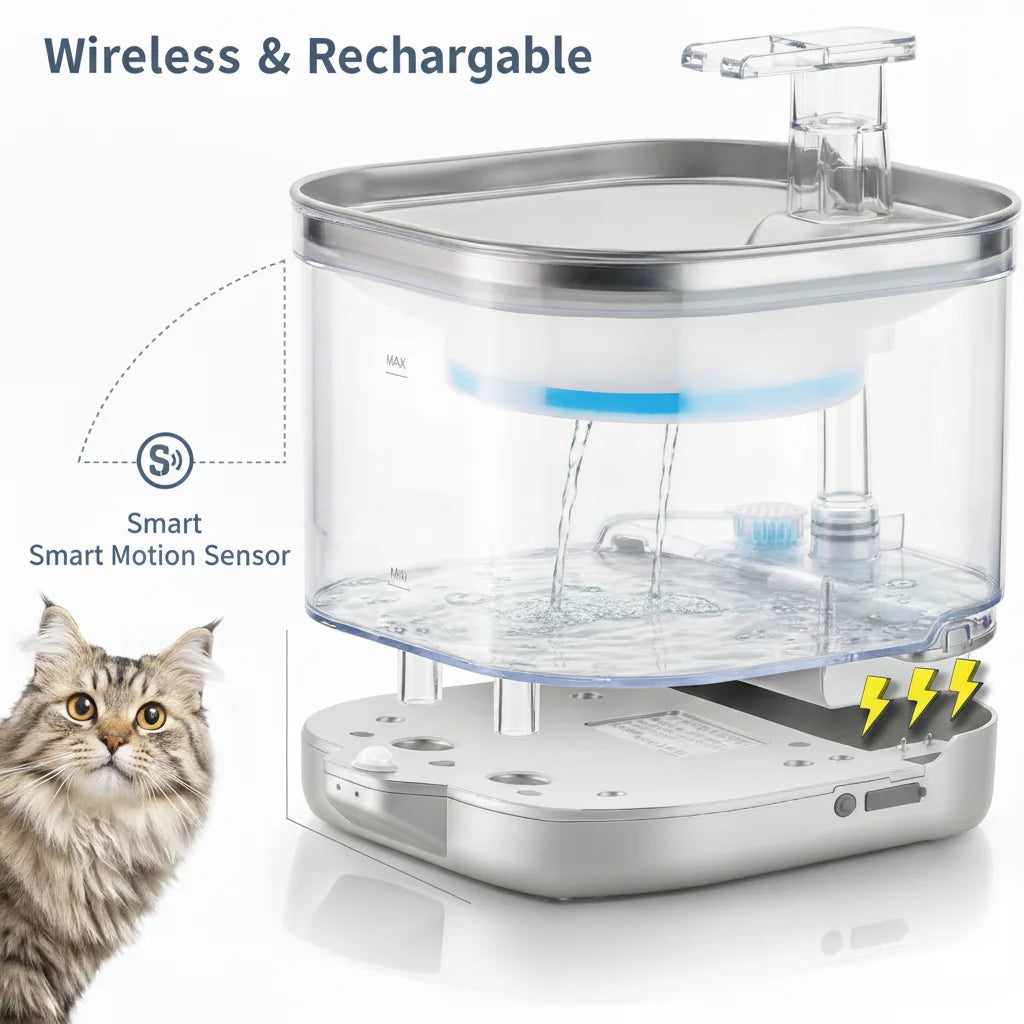 Bebedero Inalámbrico Inteligente para Gatos 2L – Sensor de Movimiento, Batería Recargable 5000mAh y Cuenco de Acero Inoxidable