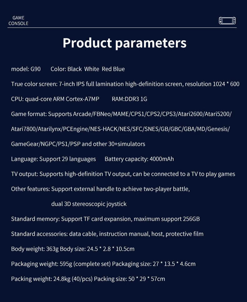 Consola de juegos portátil G90 de 7 pulgadas, 64GB, 4000mAh, arcade, adecuada para PSP/PS1, controlador de juego de TV retro, regalo para niños