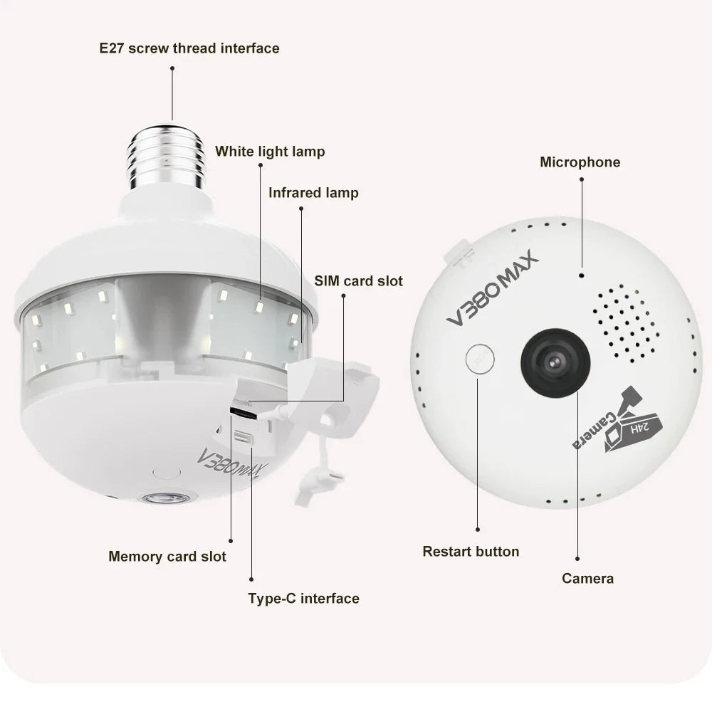 Cámara Bombilla WiFi V380 Pro 6MP E27 - Visión 360° Panorámica, Nocturna Color y Audio Bidireccional